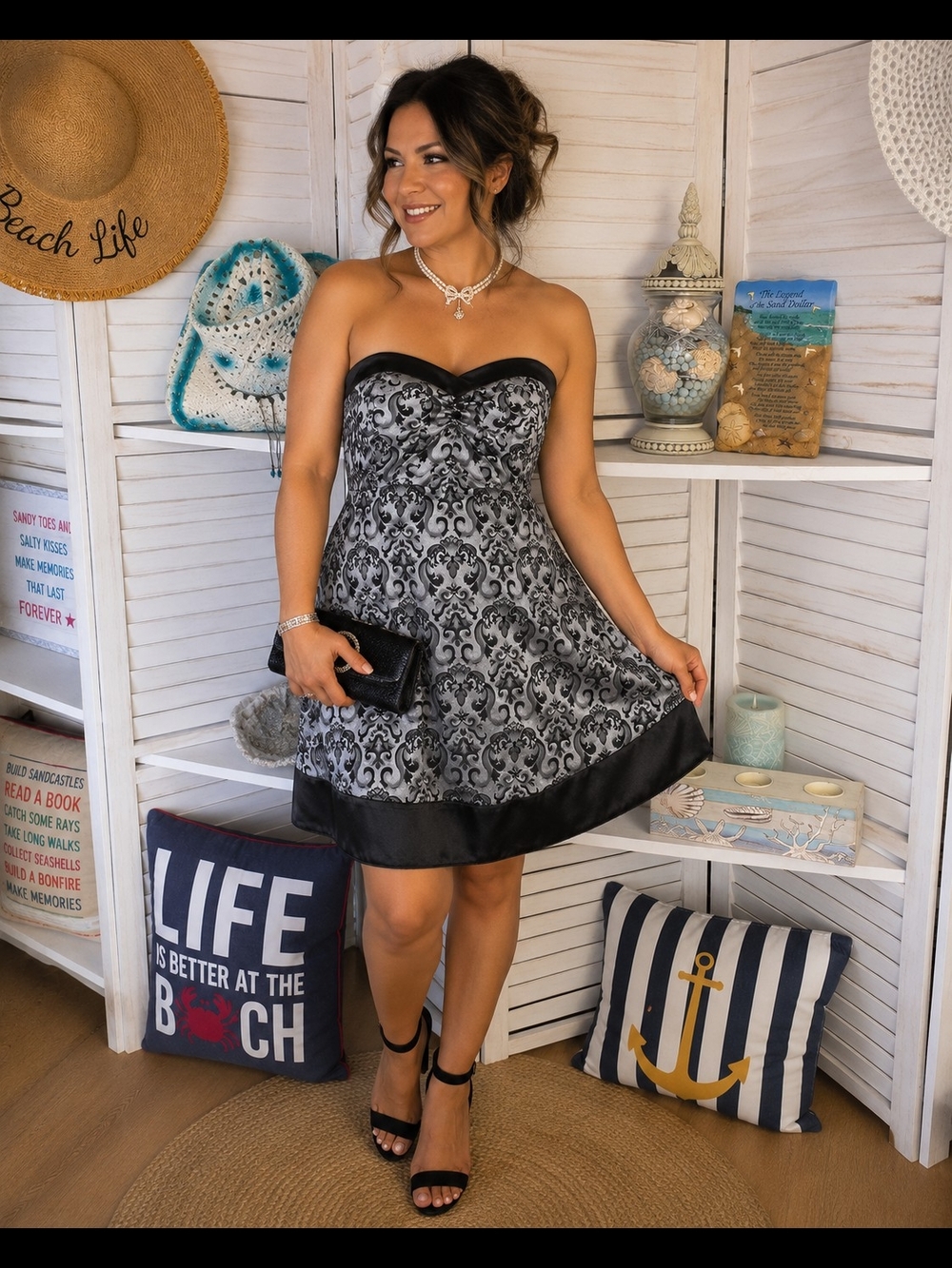 Speechless Black and Silver  Patterned Strapless Cocktail Dress (Size 9)